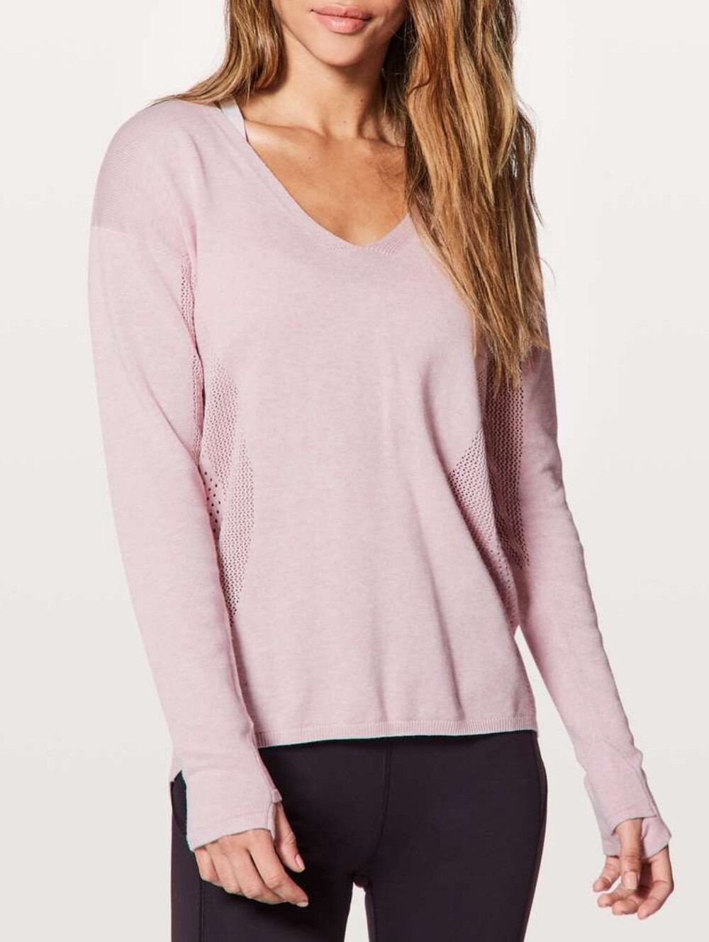 Lululemon Still Movement Pink Heathered Petals V Neck Ribbed Knit Sweater